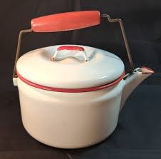Vintage Red and White Enamelware Country Kettle Kitchen Tea Pot with Wood Handle | eBay