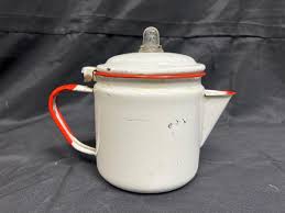 Vintage Enameled Metal Stove Top Coffee Percolator Pot White with Red Trim | EstateSales.org