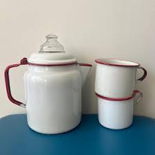 Vintage White Gardella Enamelware Medium Sized Percolator White Coffee Pot With Red Line and Matching Cups 1960s Farmhouse Cottage Decor - Etsy
