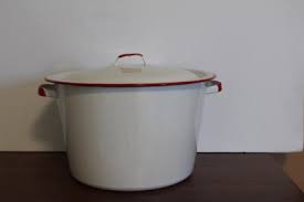 Vintage White Enamelware Stock Pot w/ Lid Red Trim Double ...