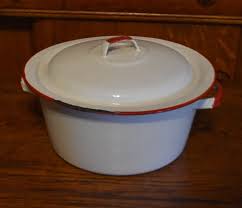 1 Vintage White Red Trim Enamelware Soup Stock Pot Kettle w ...