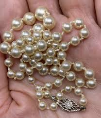 Estate Graduated Knotted Cultured Pearl Necklace & 10 K Filigree Diamond Clasp | eBay