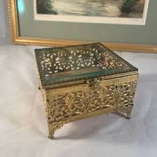 Vintage Gold ~ Brass Glass Jewelry Box, 1950's Brass Floral Jewelry Box With Glass Top, Vintage Jewelry Storage - Etsy