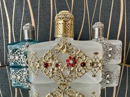 Frosted Glass Perfume Bottle: Gold Inlay, Red & White Stone ...