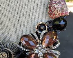 Handmade Repurposed Statement Bib Necklace Unique One of a Kind Vintage Brooches Broken Jewelry Tabby Brown Blingy Sparkly Faux Pearls Cat - Etsy