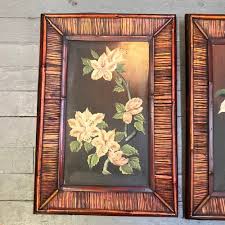 1980s 2 Original Floral Paintings in Rattan / Bamboo Frames- Set of Two