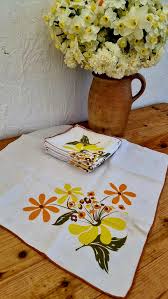 Lot de 8 serviettes de table des années 70 Blanc/Orange Coton Floral,Végétal