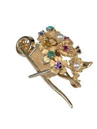Vintage Dankner Gold and Gem set Whimsical Wheel Barrow Flower Cart Brooch For Sale at 1stDibs | tiffany barrow, tiffane barrow