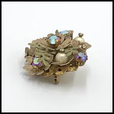 Vintage Kramer Enamel Floral Set Cappuccino Rhinestone Flowers Pin . For Sale at Ruby Lane