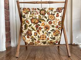 Wood Framed Floral Folding Knit Craft Sew Yarn Basket Orange Cream Green VINTAGE | eBay