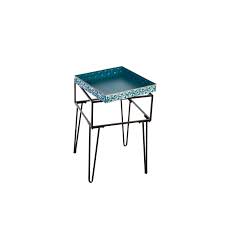 Metal Table with Glass Top and Teal Metal Planter Dish - On ...