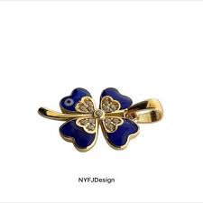14 K Yellow Gold Clover Blue Enamel Pendant With CZ Stones ...