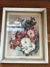 Vintage Marie Low Sign Print of White Pink & Purple HollyHock Flowers in Cream | eBay