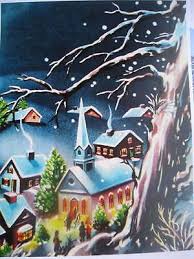 Christmas Village on a Bright Winter Night vintage art | eBay