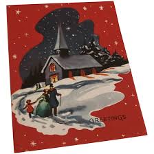 Greetings Red Background Church Scene Card And Christmas ...