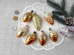Vintage Christmas Glass Ornaments Set Pine cone Gold Frosted ...
