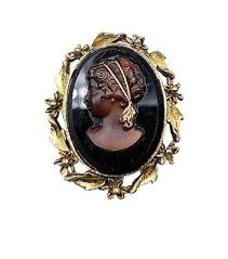Left Facing Faux Cameo Brooch Brown Lady Black Background | eBay