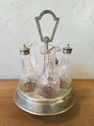 Victorian Glass Cruet Set in Aluminum or Pewter Holder | eBay
