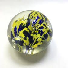 Hand Blown Glass Art Glass Paperweight Yellow Blue | eBay