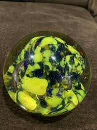 Blown Glass Solid Paperweight Blue Yellow Swirl Collectible ...