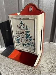 Vintage metal match Box Tin Holder Flower Floral Red NL ...