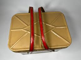 Cute Retro Red Black Yellow Plaid & Gold Metal Tin Picnic Basket Tote with Handles & Hinged Lid Nesco | EstateSales.org