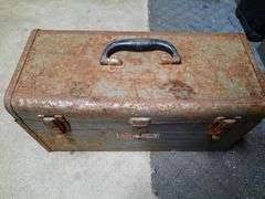 OLD CRAFTSMAN TOOLBOX WITH MISC. NUTS, BOLTS, TOOLS, ETC ...