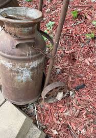Vintage Milk Can with Lid, Chained to Steel Wheel Cart ...