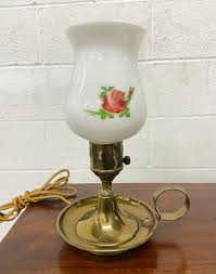 Vintage Milk Glass and Brass Table Lamp With Painted Floral ...