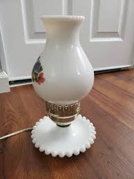 VTG Milk Glass Painted Hurricane Table Lamp Floral ...