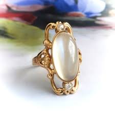 Antique Moonstone Diamond Ring Art Nouveau Circa 1900's 4.95ct t.w. Vintage Navette Old European Cut Three Stone Ring 14k Yellow Gold | Antique Vintage Estate Jewelry | Jewelry Finds