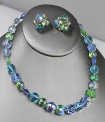Vintage Vogue 50's polka dot AB glass bead blue green ...