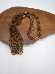 Vintage Glass Seed Beads Multi Strand Necklace Brown Black ...