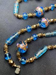 Venetian Murano Blue Art Deco Glass Bead Necklace Vintage ...