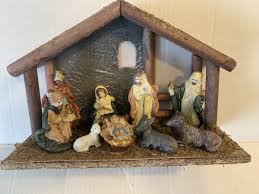 Vintage Nativity Scene Set Wooden Stable Manger & 9 ...