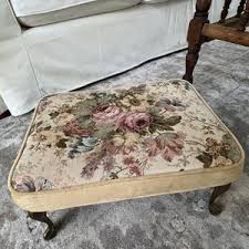 Vintage Floral Footstool / Brass Legs / Tapestry Footed Foot ...