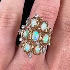 Vintage Opal & Diamond Cluster Ring in 14kt Gold, c.1950's | Burton's – Burton's Gems and Opals