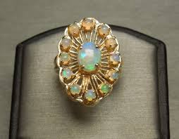 Victorian 14K Australian Fire Opal Cluster Dinner Ring C1960