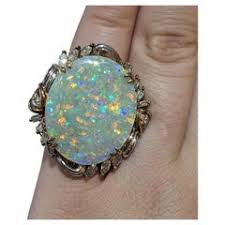 Large Opal Diamond Ring 18K 6.75 For Sale at 1stDibs