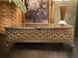 Vintage Ormolu Filigree Glass Footed Gold-colored Jewelry Box with Velvet Liner | eBay