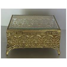 Vintage Gold Footed Hinged Filigree Jewelry Box Beveled Glass. For Sale at Ruby Lane