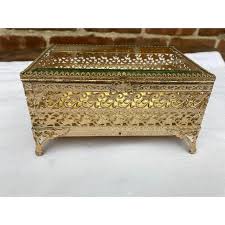 1950s Gold Filigree Glass Top Trinket Jewelry Box Velvet Lined | Chairish