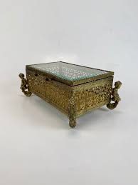 Vintage Jewelry Casket - Ormolu Felt Lined Box with Beveled Glass - Ch – The Cat Vintage