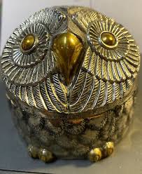 Vintage Silver & Brass Color Owl Trinket Box made in Japan ...