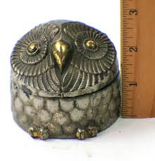 Vintage Silver & Brass Owl Trinket Box Enesco Japan Red ...