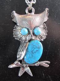 Vintage MCM Owl Pendant Necklace Silver Tone Faux Turquoise ...