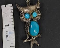 Vintage Owl Shaped Pendant Necklace - Turquoise Cabochon ...