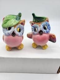 Vintage Japan Standing Leaf Hat Owl Salt and Pepper Shakers ...