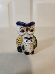 Folk Art Pottery Miniature Owl Mother and Baby Figure ...