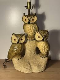 Vintage LARGE Mid Century 1970's Chalkware 3 Owls on Tree Branch Lamp Works 19” | eBay
